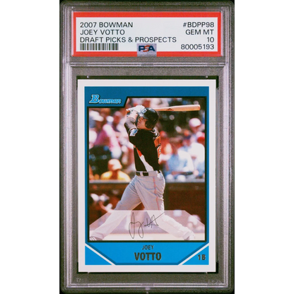 A graded PSA 10 Gem Mint Joey Votto 2007 Bowman Rookie Card BDPP98