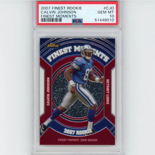 PSA graded Calvin Johnson 2007 Topps Finest Rookie football card on display