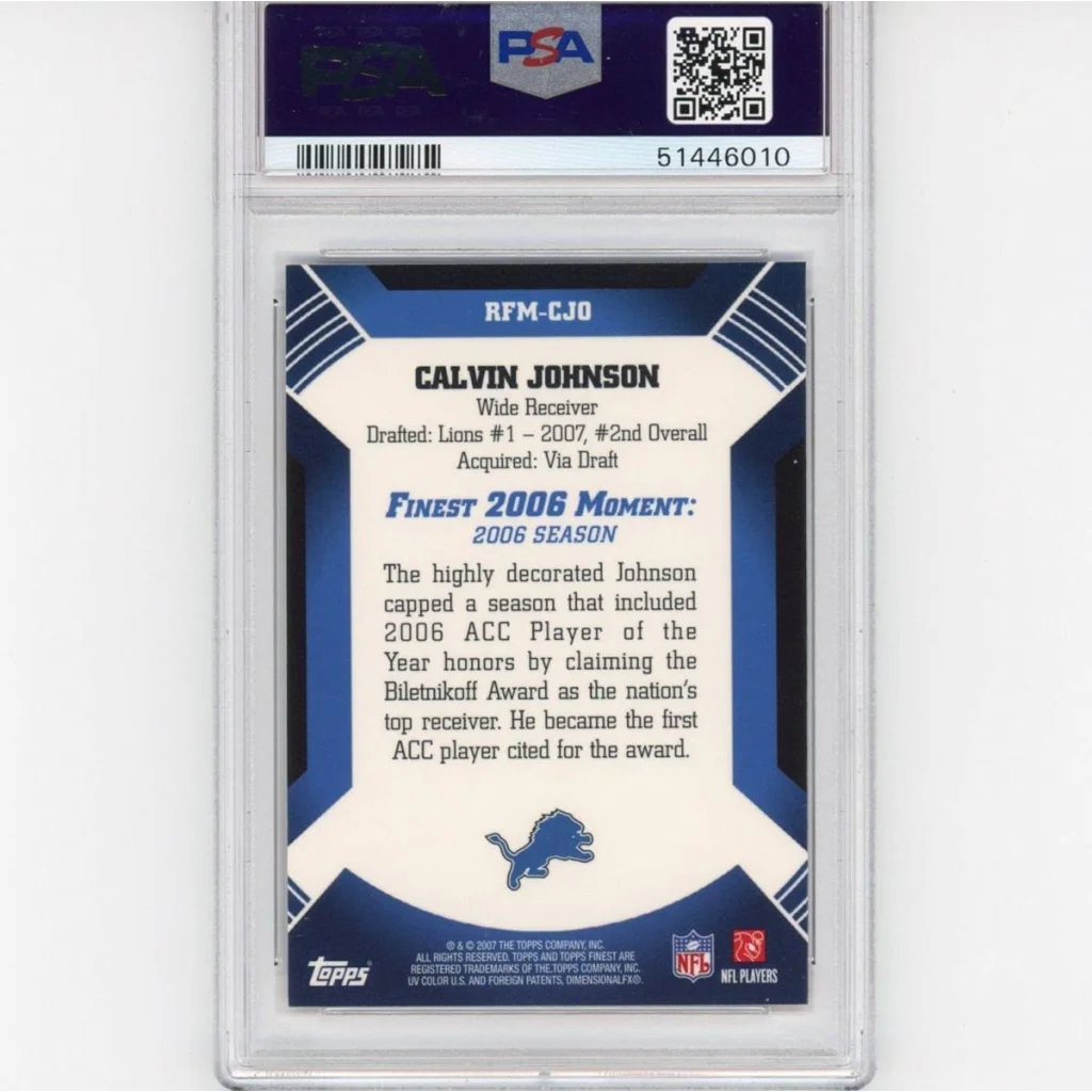 A graded Calvin Johnson 2007 Topps Finest Rookie Card football trading card