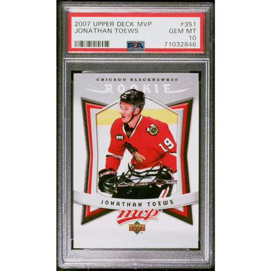 Graded 2007 Upper Deck MVP Jonathan Toews #351 Rookie RC Hockey Card PSA 10 Gem Mint | Hall of Fame Sports Memorabilia | vintageantiquesgifts.com