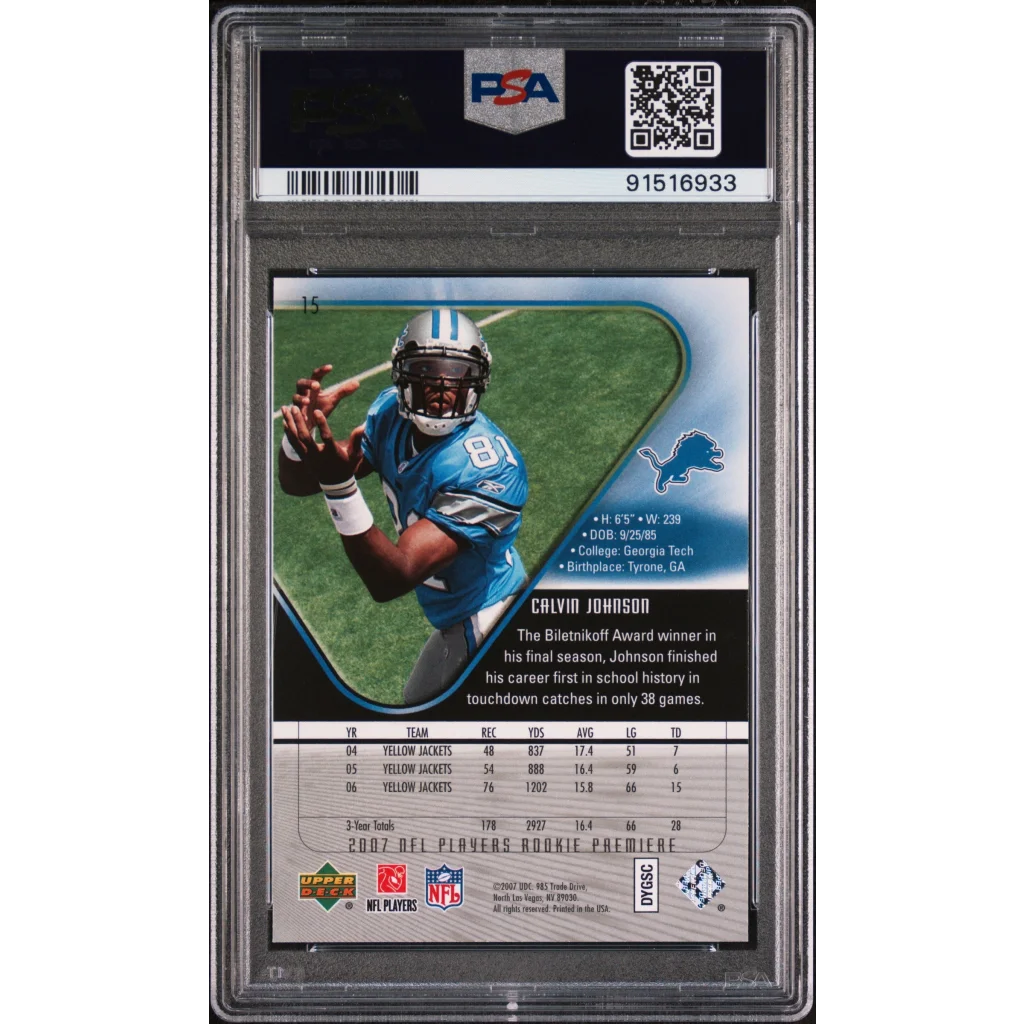 Graded Calvin Johnson Upper Deck Rookie sports card in PSA case for collectors