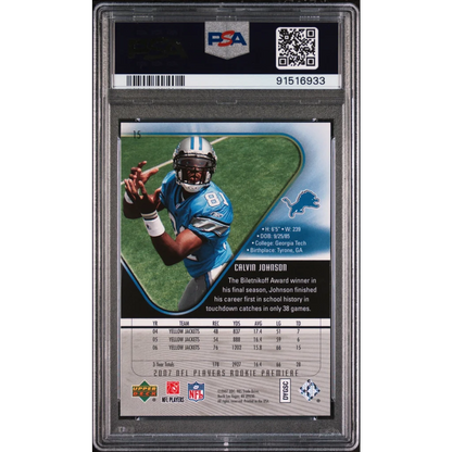 Graded Calvin Johnson Upper Deck Rookie sports card in PSA case for collectors