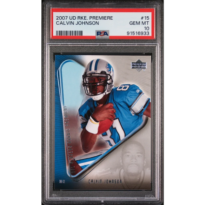 PSA graded Calvin Johnson Upper Deck Rookie football card, a must-have sports card
