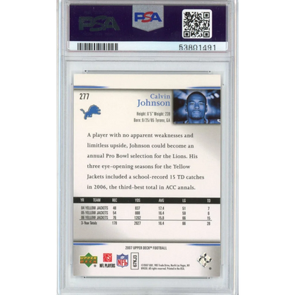 Graded 2007 Calvin Johnson Rookie Exclusives football card in PSA case