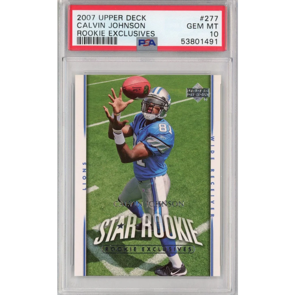 PSA graded Calvin Johnson rookie exclusives football card 2007 shown in product image