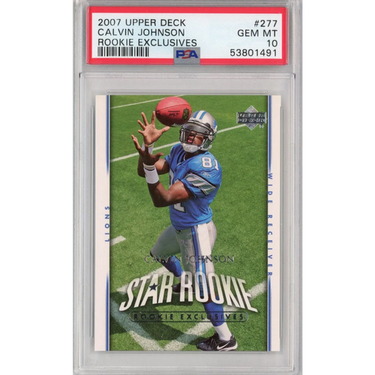 PSA graded Calvin Johnson rookie exclusives football card 2007 shown in product image
