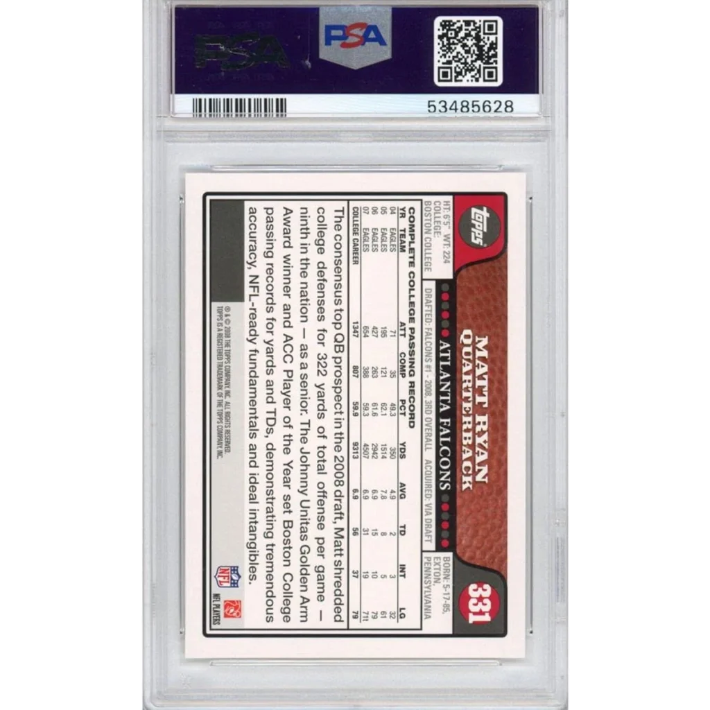 Matt Ryan 2008 Topps rookie football card graded by PSA in protective slab