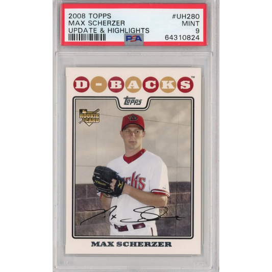 A graded 2008 Topps Max Scherzer rookie baseball card in PSA holder