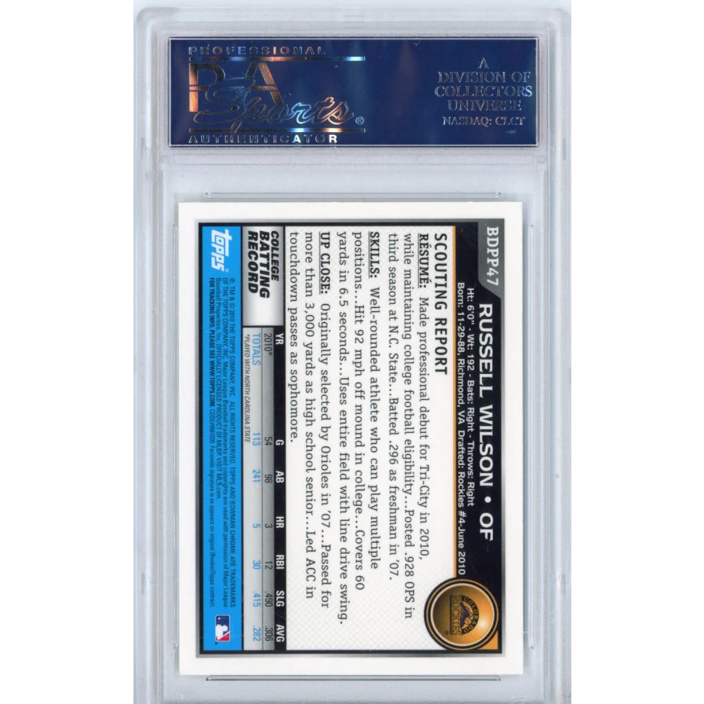 PSA Graded Russell Wilson 2010 Bowman Chrome Baseball Card showing sports trading card