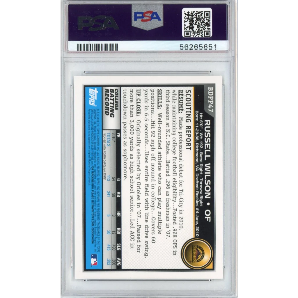 Graded 2010 Bowman Draft Picks & Prospects Russell Wilson #BDPP47 Rookie RC Football Card PSA 10 Gem Mint | PSA 10 Gem Mint Graded Rookie Card | vintageantiquesgifts.com