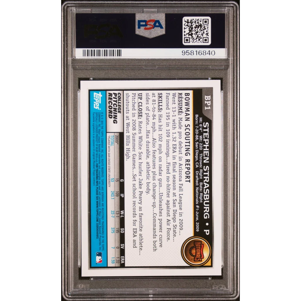 Graded PSA 10 2010 Topps Bowman Prospects Stephen Strasburg Rookie Card in Case