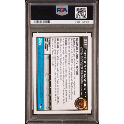 Graded PSA 10 2010 Topps Bowman Prospects Stephen Strasburg Rookie Card in Case