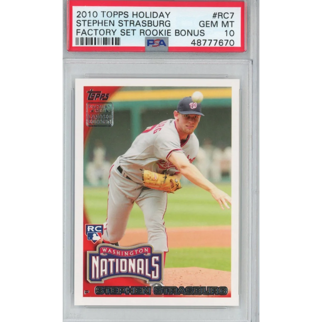Graded 2010 Topps Holiday Stephen Strasburg #RC7 Factory Set Bonus Rookie RC Baseball Card PSA 10 Gem Mint | Hall of Fame Sports Memorabilia | vintageantiquesgifts.com