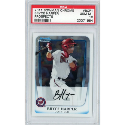 PSA graded Bryce Harper 2011 Bowman Chrome rookie card, great for collectors