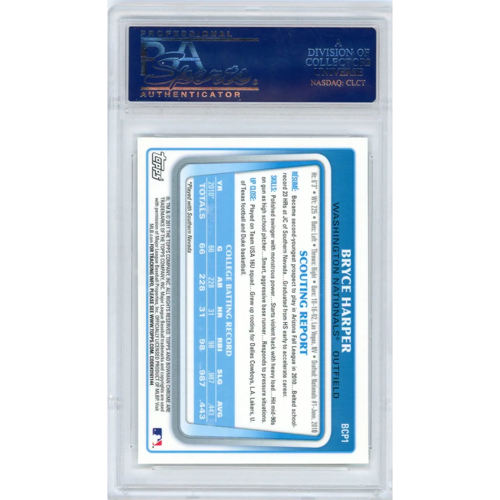Graded 2011 Bowman Chrome Prospects Bryce Harper #BCP1 Rookie RC Baseball Card PSA 10 Gem Mint | PSA 10 Gem Mint Graded Rookie Card | vintageantiquesgifts.com