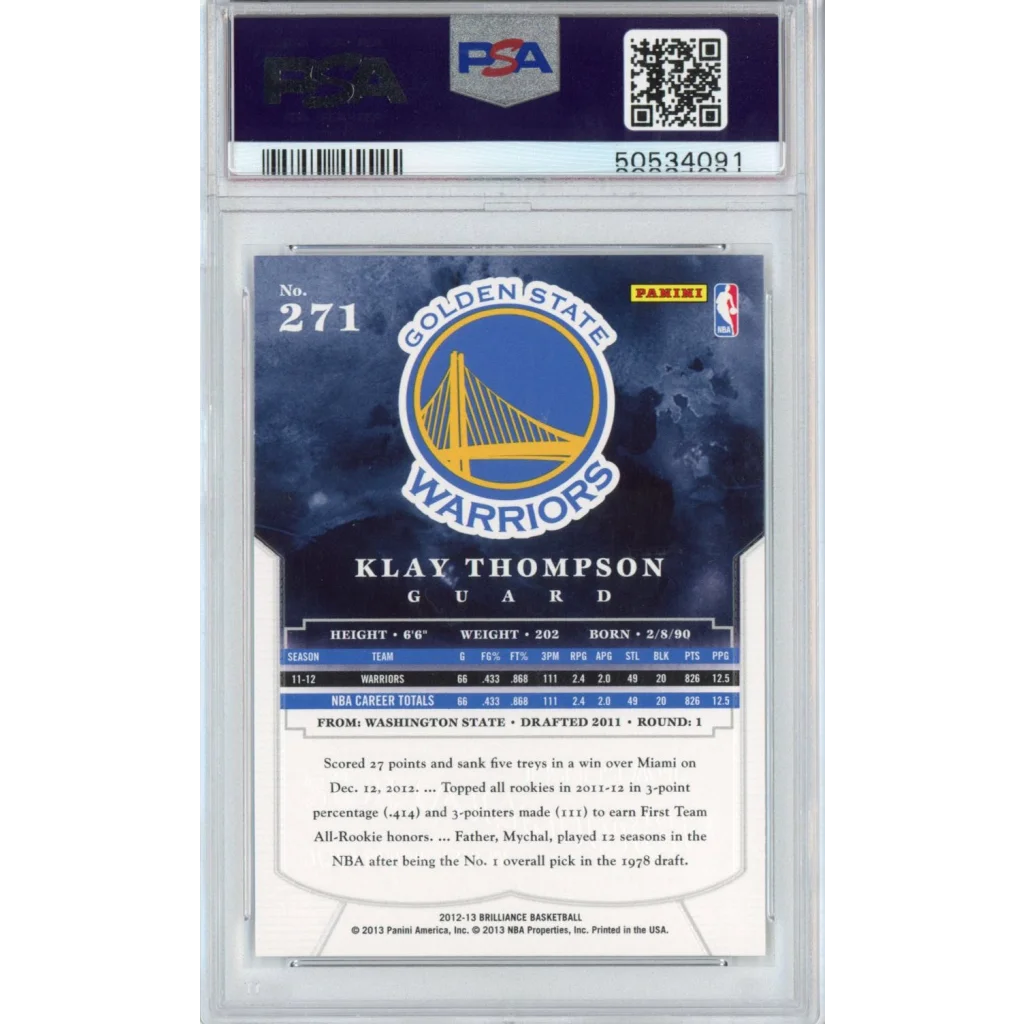 Graded 2012-13 Panini Brilliance Klay Thompson #271 Rookie RC Basketball Card PSA 10 Gem Mint | PSA 10 Gem Mint Graded Rookie Card | vintageantiquesgifts.com