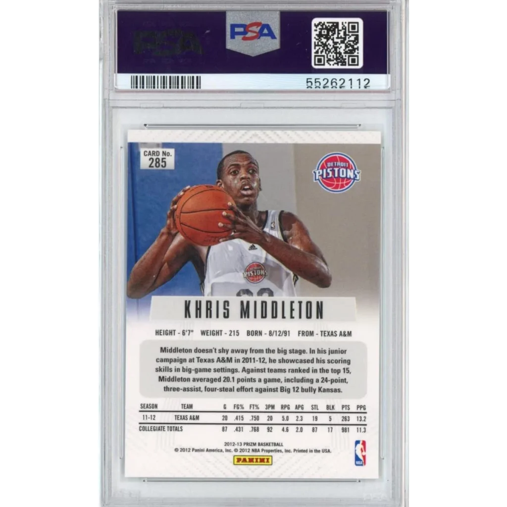 Graded 2012-13 Panini Prizm Khris Middleton #285 Rookie RC Basketball Card PSA 10 Gem Mint | PSA 10 Gem Mint Graded Rookie Card | vintageantiquesgifts.com