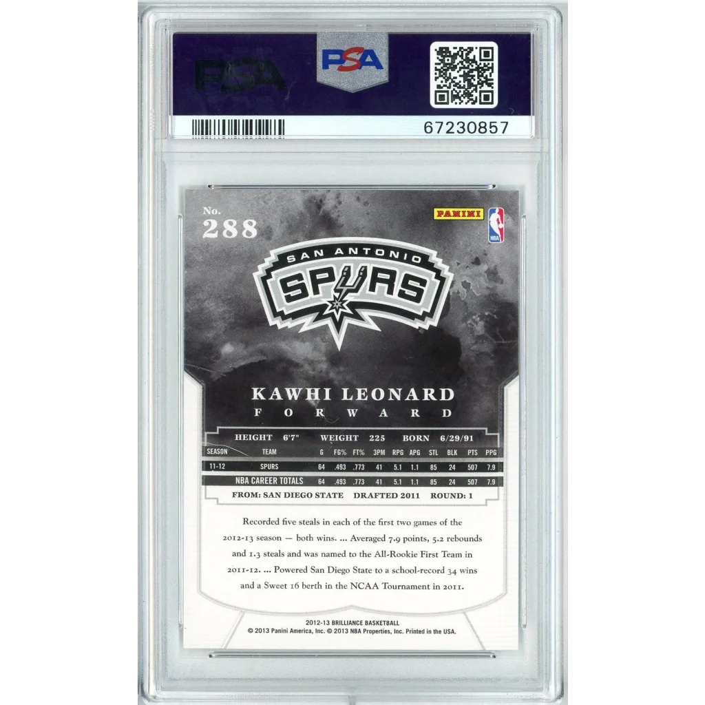 A graded PSA 10 Kawhi Leonard 2012 Panini Brilliance Spurs rookie card image