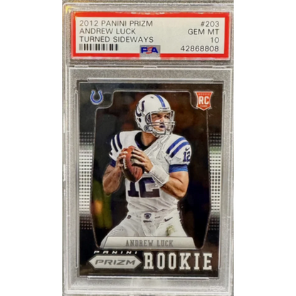 PSA Graded Andrew Luck 2012 Panini Prizm Rookie Football Card showing vibrant design