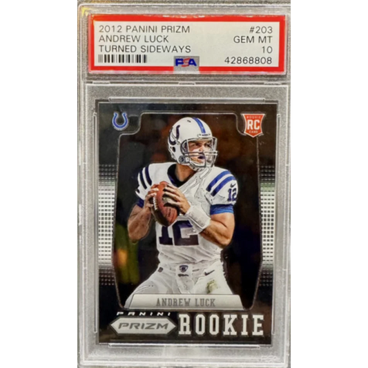 PSA Graded Andrew Luck 2012 Panini Prizm Rookie Football Card showing vibrant design