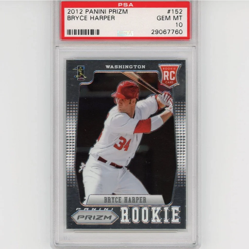 PSA graded 2012 Panini Prizm Bryce Harper baseball rookie card on display
