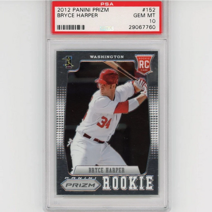 PSA graded 2012 Panini Prizm Bryce Harper baseball rookie card on display