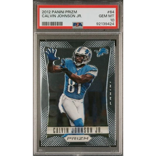 2012 Panini Prizm Calvin Johnson Jr football card graded PSA GEM MT 10 by professional sports authenticator