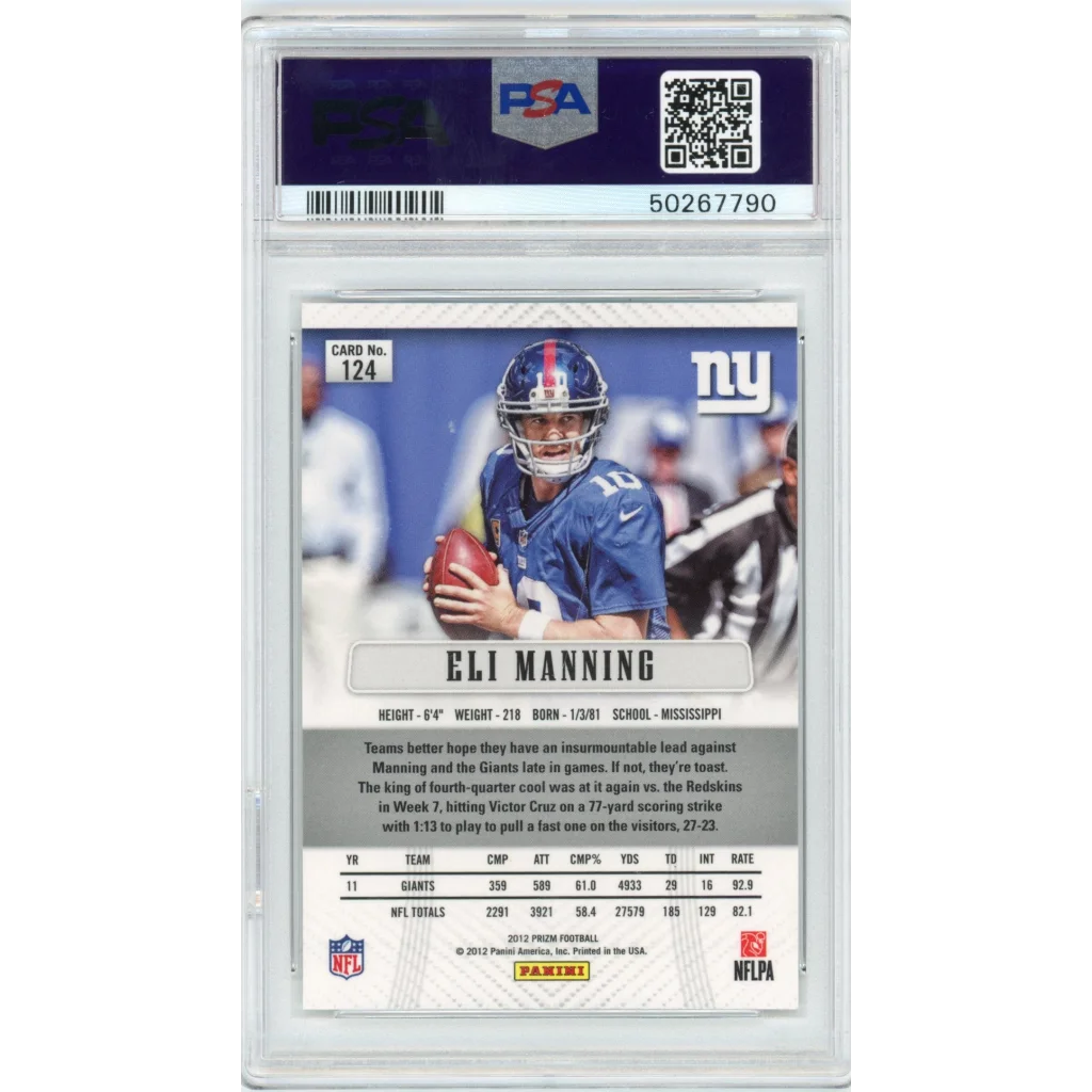 Graded 2012 Panini Prizm Eli Manning #124 Football Card PSA 10 Gem Mint | PSA 10 Gem Mint Graded Football Card | vintageantiquesgifts.com