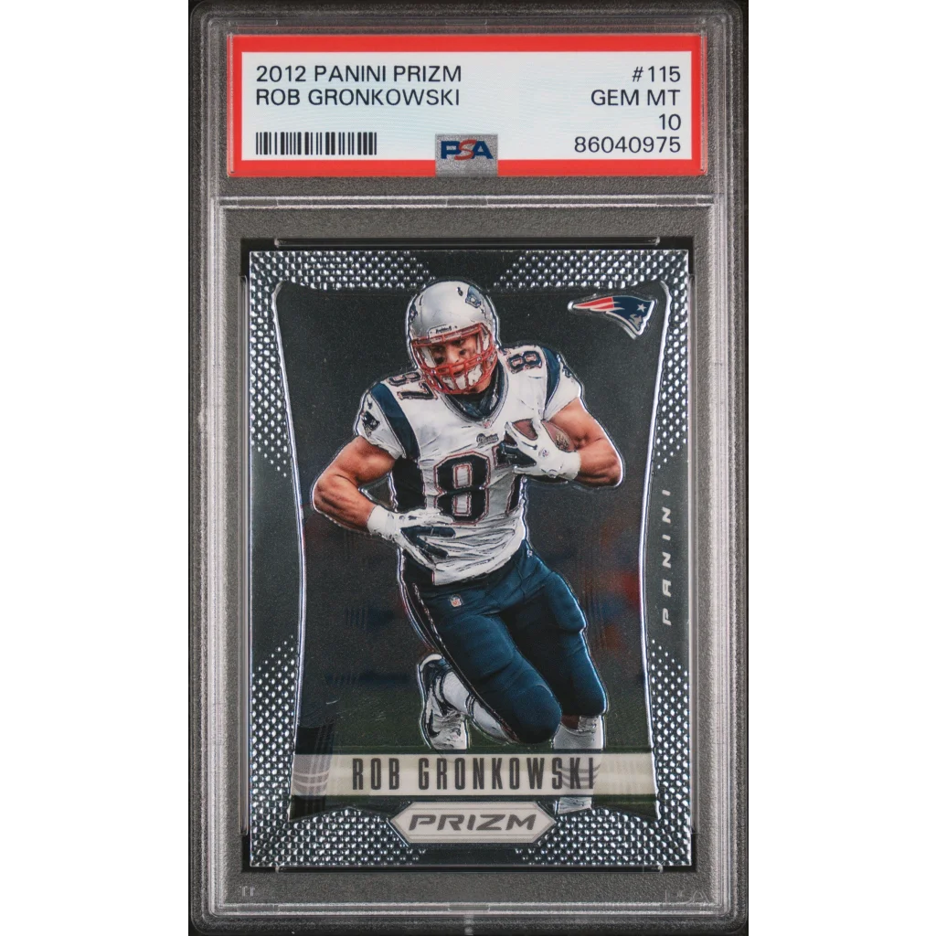 Graded 2012 Panini Prizm Rob Gronkowski football card in PSA case