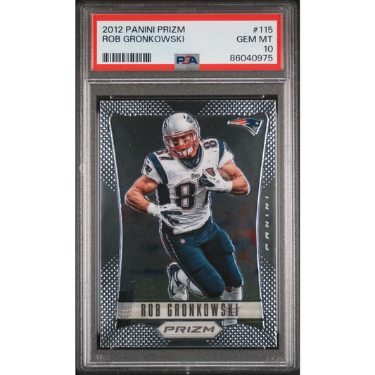 Graded 2012 Panini Prizm Rob Gronkowski football card in PSA case