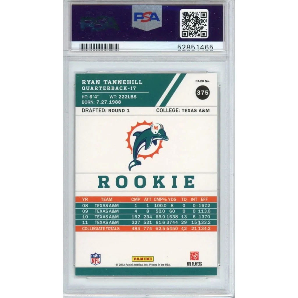 Graded 2012 Panini Score Ryan Tannehill #375 Scrambling Rookie RC Football Card PSA 10 Gem Mint | PSA 10 Gem Mint Graded Rookie Card | vintageantiquesgifts.com