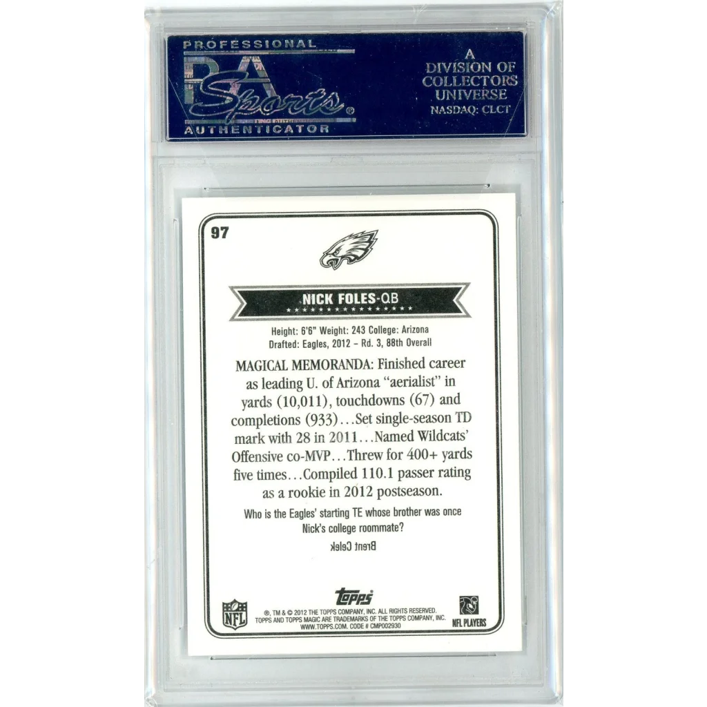 High-quality PSA 10 Nick Foles 2012 Topps Magic football trading card image