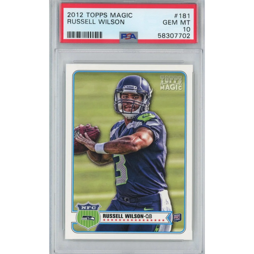 PSA graded 2012 Topps Magic Russell Wilson rookie football card in treasure display