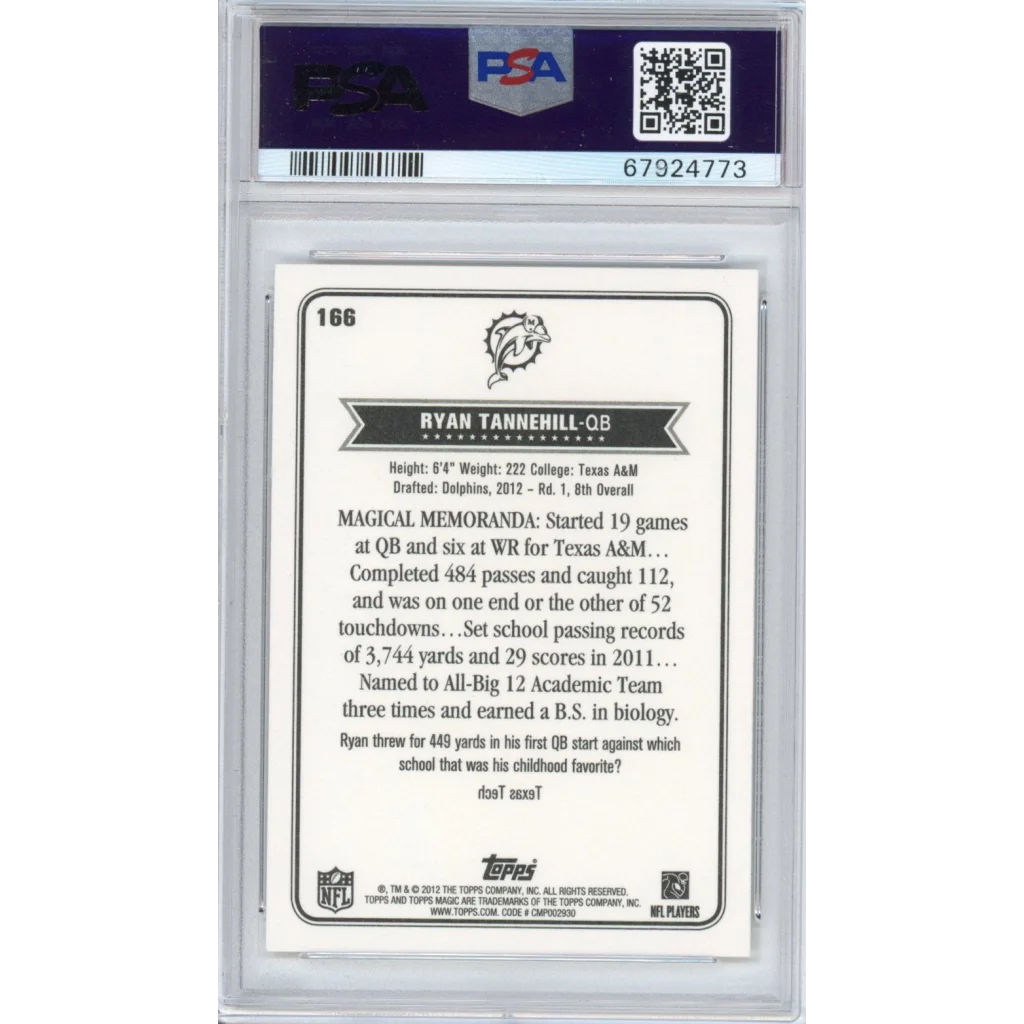 Encased 2012 Topps Magic Ryan Tannehill rookie football trading card in PSA slab
