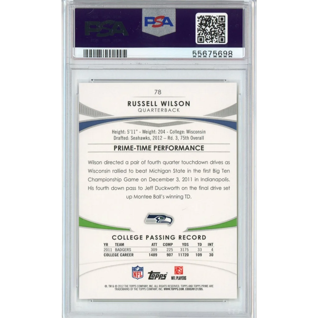 Graded 2012 Topps Prime Russell Wilson #78 No Stand Retail Rookie RC Football Card PSA 10 Gem Mint | PSA 10 Gem Mint Graded Rookie Card | vintageantiquesgifts.com