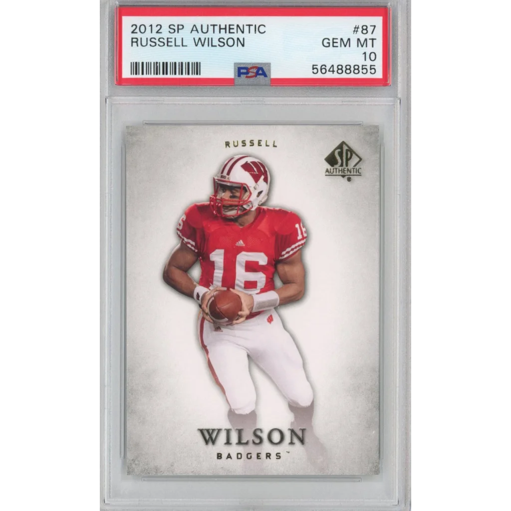 Photo of a graded 2012 Russell Wilson SP Authentic rookie football card in PSA case