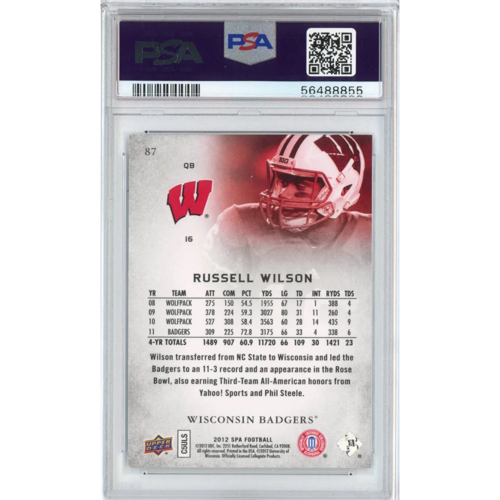 PSA graded Russell Wilson 2012 SP Authentic rookie football card on display
