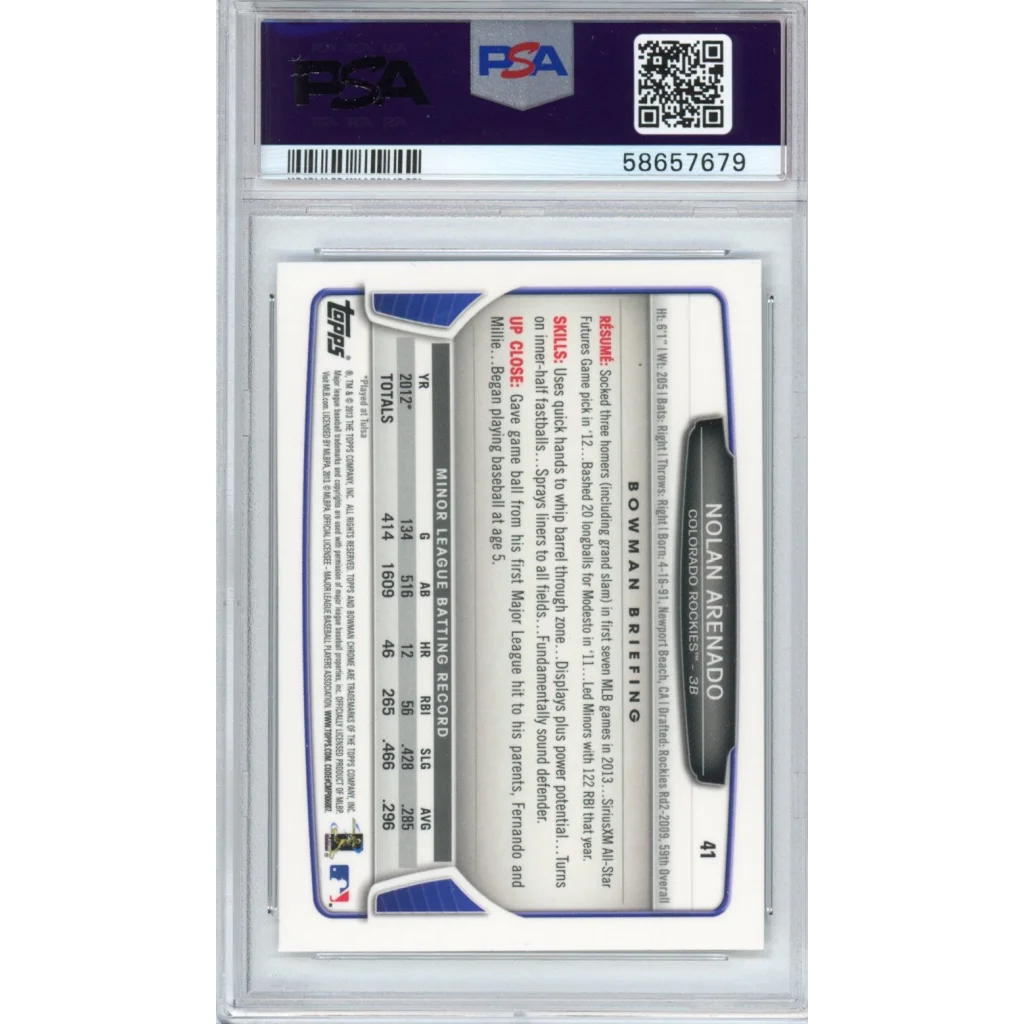 Nolan Arenado 2013 Bowman Draft baseball card in PSA slab, gem mint grade