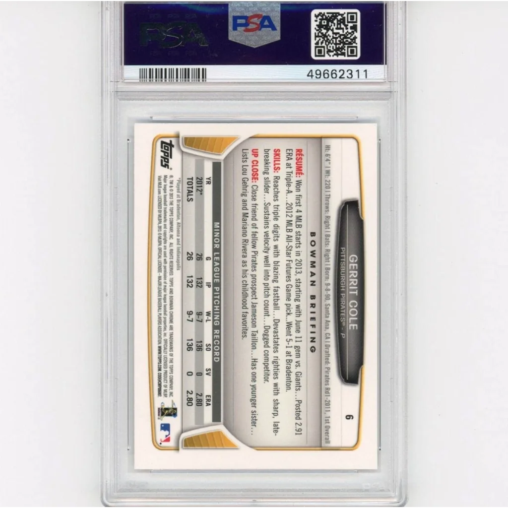 PSA 10 Graded 2013 Bowman Chrome Gerrit Cole Rookie Card Front in Case