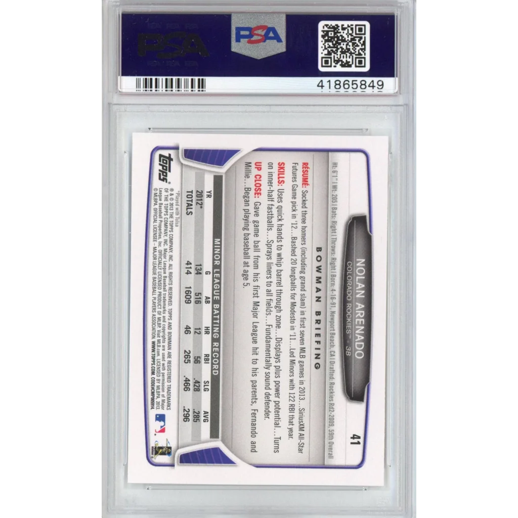 PSA Gem Mint 10 Nolan Arenado 2013 Bowman Rookie Card baseball card image