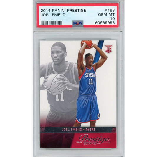 PSA graded 2014 Panini Prestige Joel Embiid rookie basketball card on display