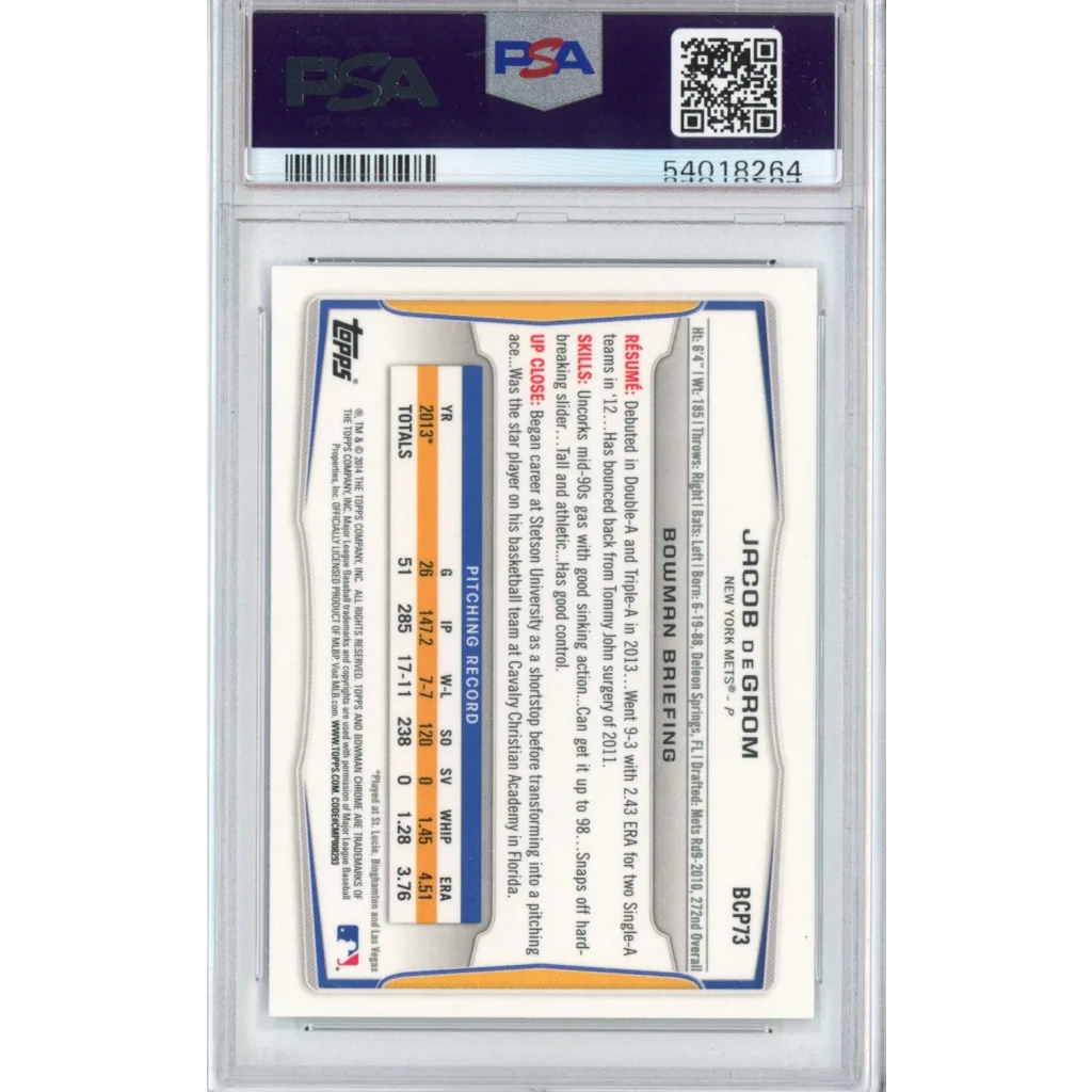 Graded 2014 Bowman Chrome Prospects Jacob DeGrom #BCP73 Rookie RC Baseball Card PSA 10 Gem Mint | PSA 10 Gem Mint Graded Rookie Card | vintageantiquesgifts.com