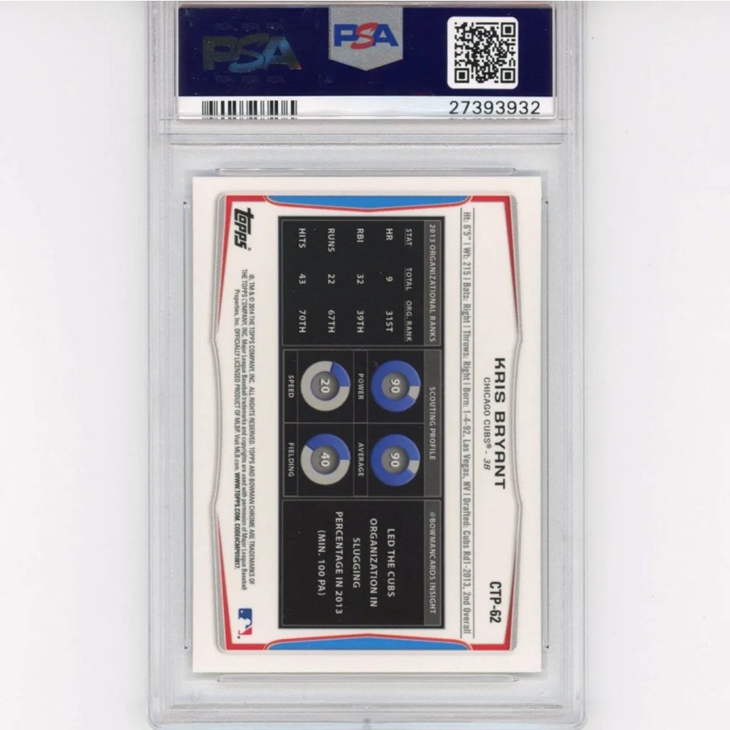 Kris Bryant 2014 Bowman Chrome rookie card PSA graded on display