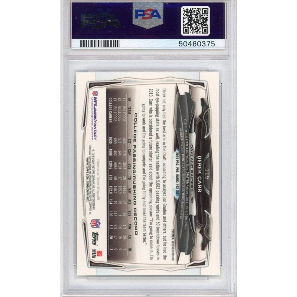 PSA 10 Graded 2014 Topps Chrome Derek Carr Rookie RC #115 Football Card Slabbed