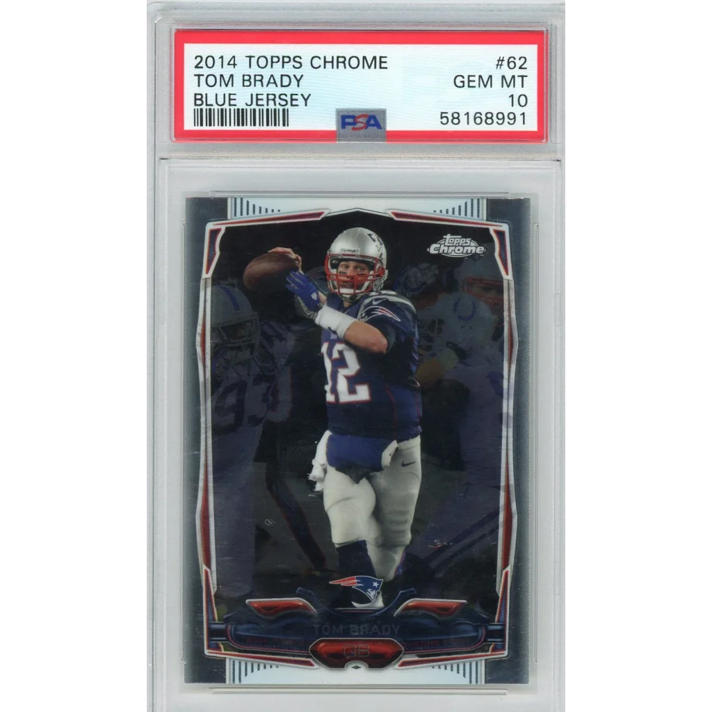 PSA 10 Topps Chrome Tom Brady Blue Jersey sports card, Gem Mint grade, collectible football