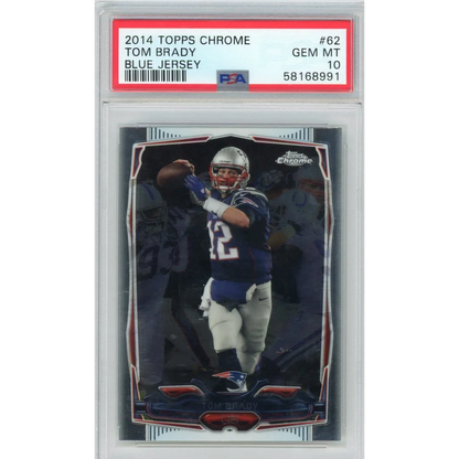 PSA 10 Topps Chrome Tom Brady Blue Jersey sports card, Gem Mint grade, collectible football
