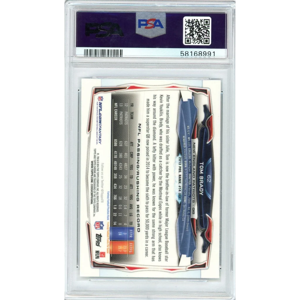 Graded PSA 10 Topps Chrome Tom Brady Blue Jersey sports card showcasing chrome Tom Brady