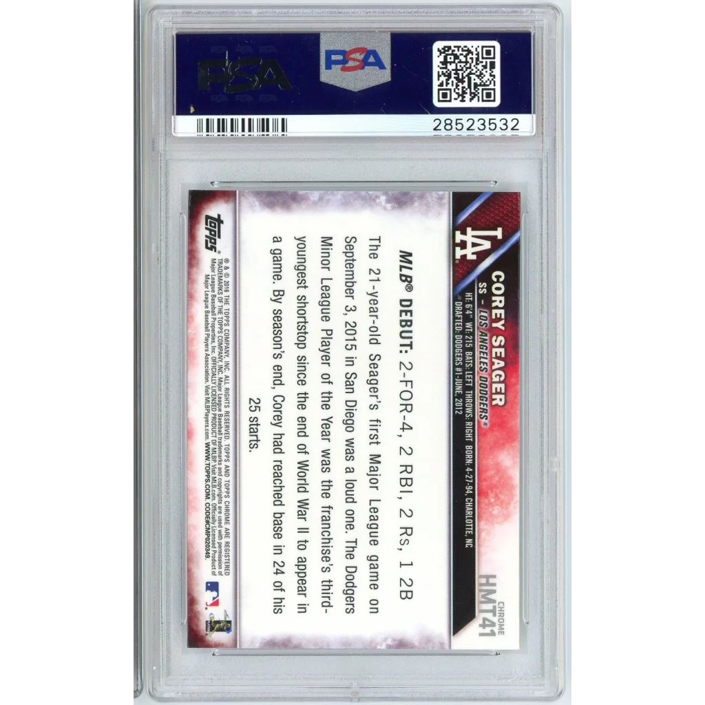 Back of graded 2014 Topps Corey Seager rookie card PSA slab with stats