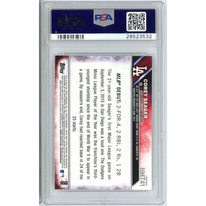 Back of graded 2014 Topps Corey Seager rookie card PSA slab with stats