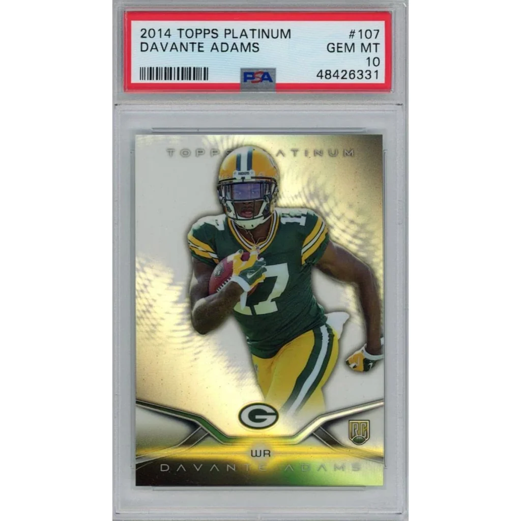A graded 2014 Topps Platinum Davante Adams football rookie card in PSA case